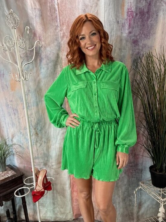 Blue b Pants - New 📌Blue B Accordion Pleated Kelly Green Long Sleeves Elastic Waist Romper